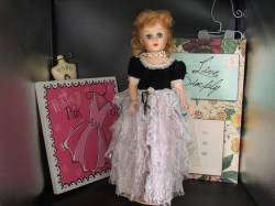 19" UNMARKED CANADIAN BLONDE FASHION DOLL, ORIGINAL VELVET LACE LAVENDAR DRESS, PEARLS